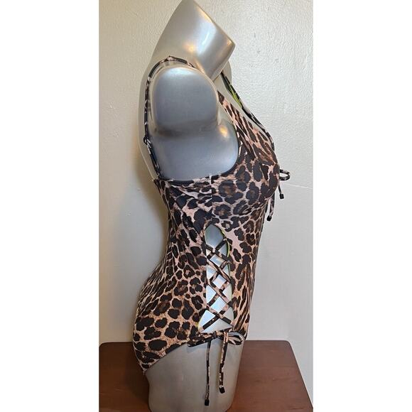 Bar III One Piece Swimsuit Sz Small Brown Leopard Print Lace Up Sides Womens NEW - Picture 5 of 9